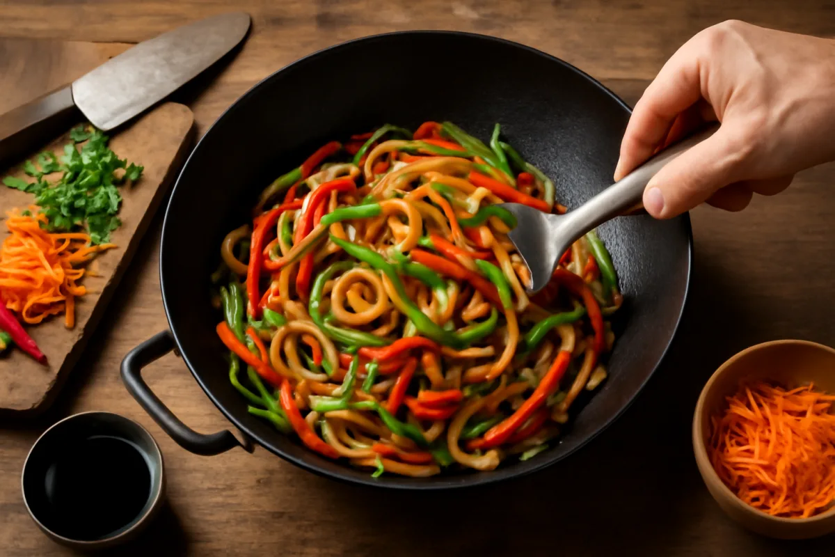 Tagliatelle udon nel wok con verdure: la tecnica di taglio che esalta il sapore orientale
